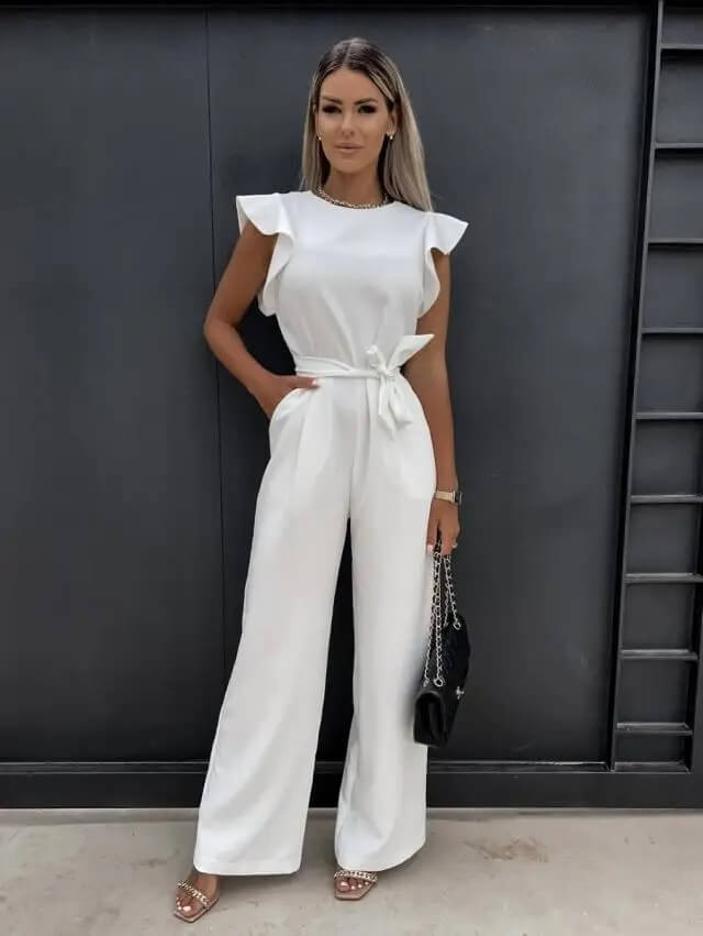 Elegant Wide Leg Jumpsuit for Women with Round Neck Ruffle Cap Sleeve Belted Flowing Style