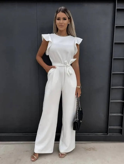 Elegant Wide Leg Jumpsuit for Women with Round Neck Ruffle Cap Sleeve Belted Flowing Style