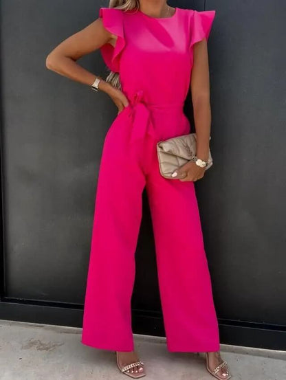 Elegant Wide Leg Jumpsuit for Women with Round Neck Ruffle Cap Sleeve Belted Flowing Style
