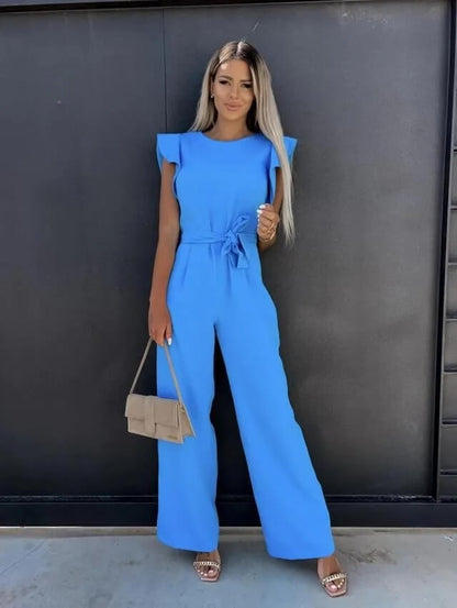 Elegant Wide Leg Jumpsuit for Women with Round Neck Ruffle Cap Sleeve Belted Flowing Style