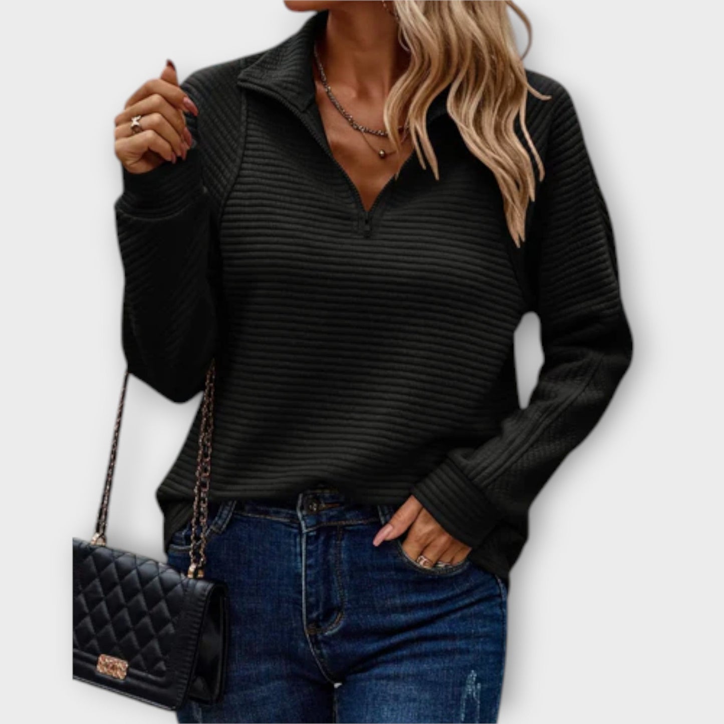 Effortless Textured Knit Sweatshirt for Women with Quarter Zip Collar Long Sleeve Oversized Sweaters Style