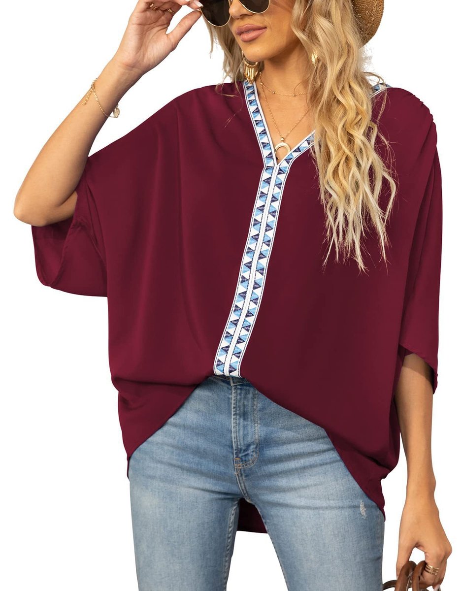 Effortless Embroidered Trim Blouse for Women with V Neck Batwing Sleeve Relaxed Boho Style