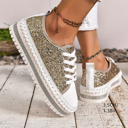 Comfortable Trainers for Women with Glitter Panel Lace Up Platform Sole Low Top Style