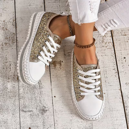 Comfortable Trainers for Women with Glitter Panel Lace Up Platform Sole Low Top Style