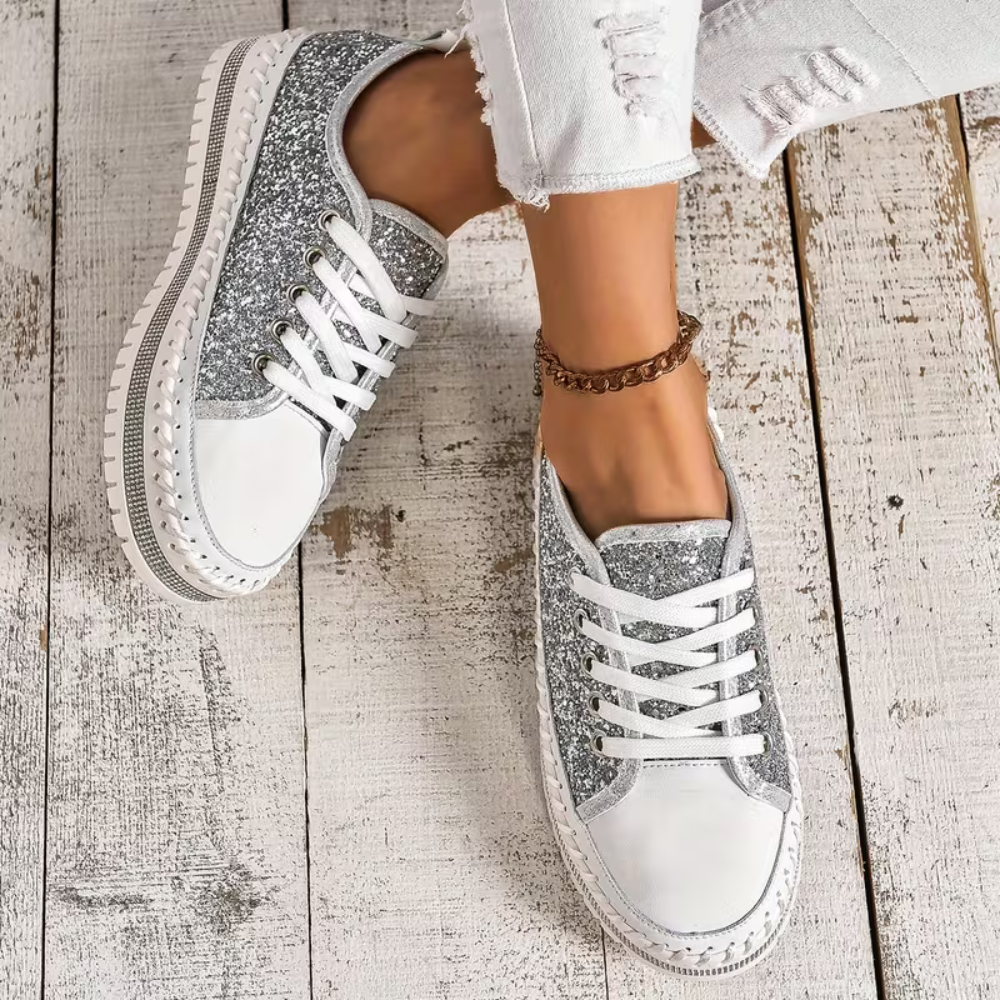 Comfortable Trainers for Women with Glitter Panel Lace Up Platform Sole Low Top Style