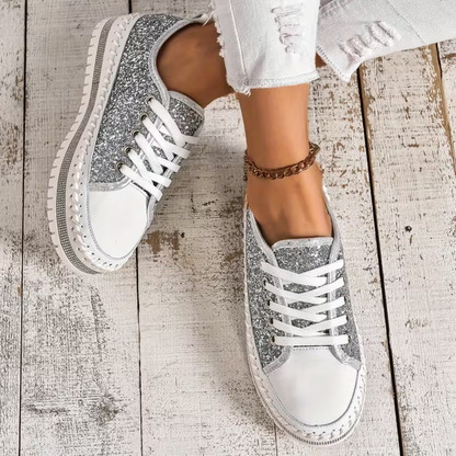 Comfortable Trainers for Women with Glitter Panel Lace Up Platform Sole Low Top Style