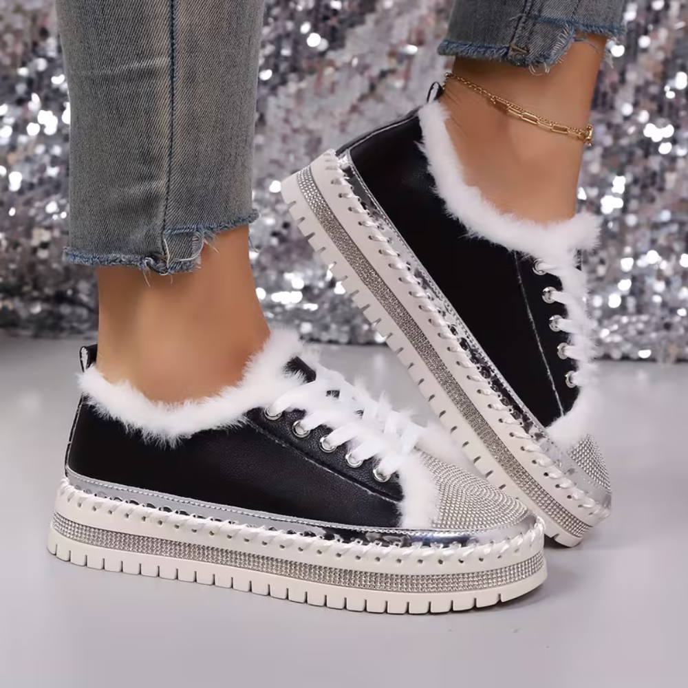 Comfortable Trainers for Women with Faux Fur Trim Rhinestone Sole Lace Up Low Top Style