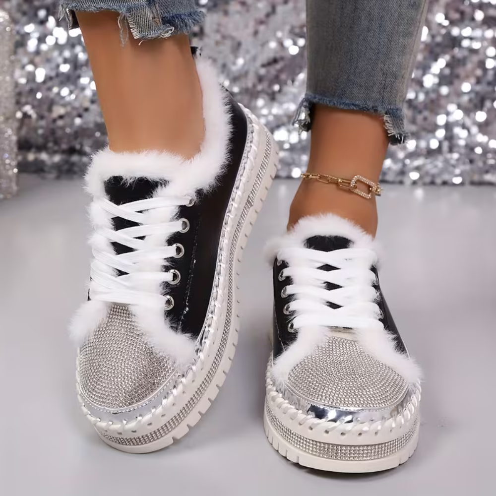 Comfortable Trainers for Women with Faux Fur Trim Rhinestone Sole Lace Up Low Top Style