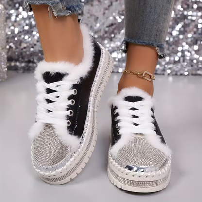 Comfortable Trainers for Women with Faux Fur Trim Rhinestone Sole Lace Up Low Top Style