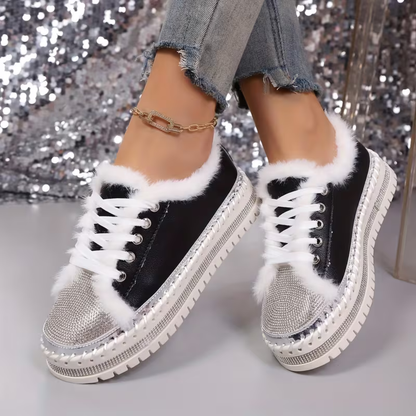 Comfortable Trainers for Women with Faux Fur Trim Rhinestone Sole Lace Up Low Top Style