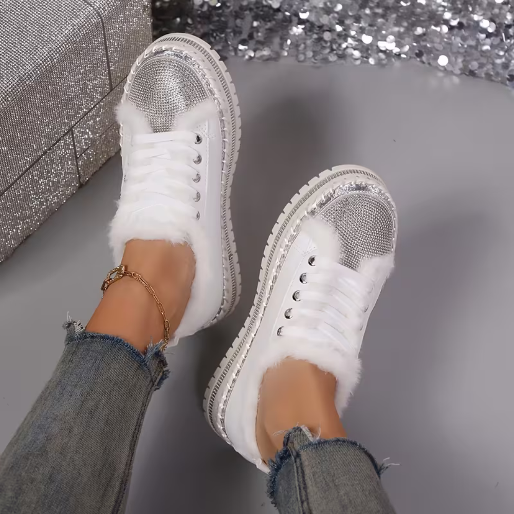 Comfortable Trainers for Women with Faux Fur Trim Rhinestone Sole Lace Up Low Top Style
