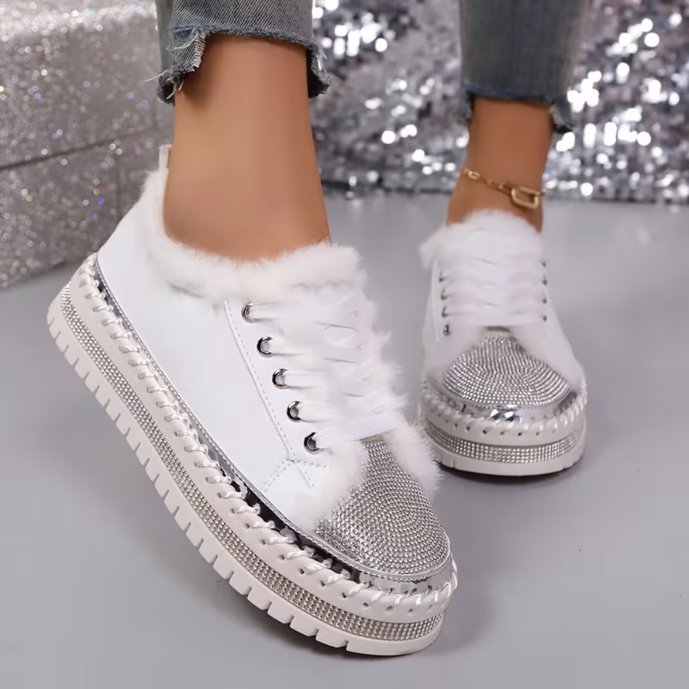 Comfortable Trainers for Women with Faux Fur Trim Rhinestone Sole Lace Up Low Top Style
