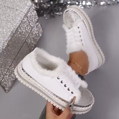 Comfortable Trainers for Women with Faux Fur Trim Rhinestone Sole Lace Up Low Top Style
