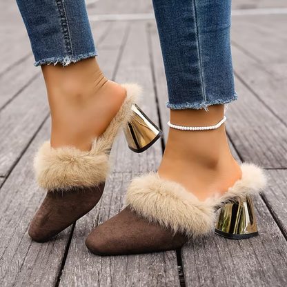 Elegant Mules Heels for Women with Faux Fur Trim Pointed Toe Chain Detail Block Heel Style