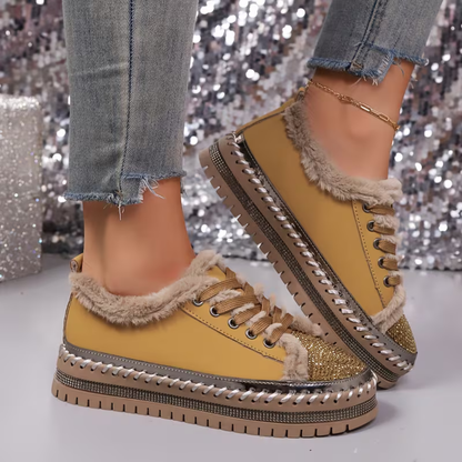 Comfortable Trainers for Women with Faux Fur Trim Rhinestone Sole Lace Up Low Top Style