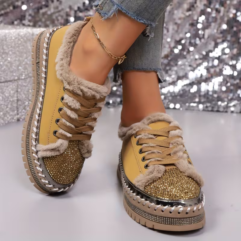 Comfortable Trainers for Women with Faux Fur Trim Rhinestone Sole Lace Up Low Top Style