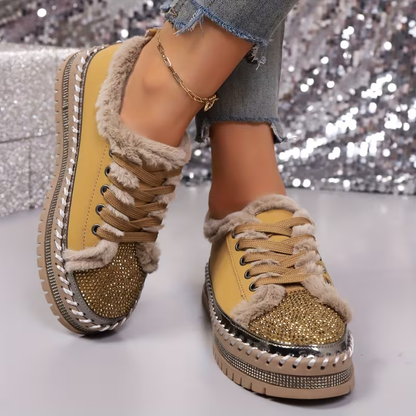Comfortable Trainers for Women with Faux Fur Trim Rhinestone Sole Lace Up Low Top Style