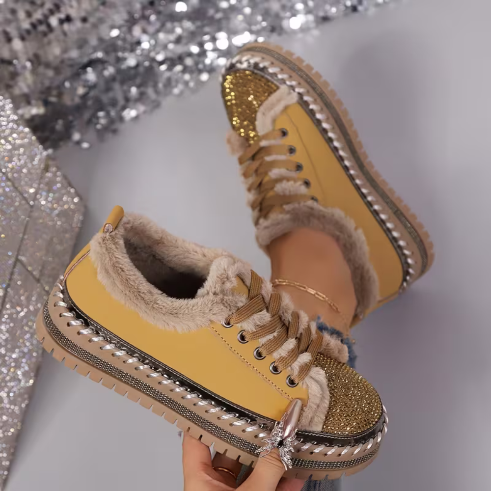 Comfortable Trainers for Women with Faux Fur Trim Rhinestone Sole Lace Up Low Top Style