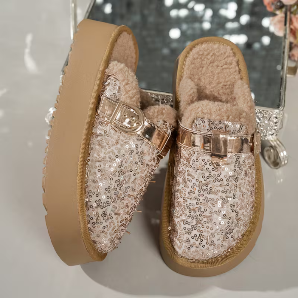 Stylish Gold Mules for Women with Glitter Buckle Strap Closed Toe Platform Slip On Style