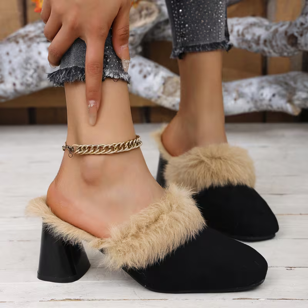 Elegant Mules Heels for Women with Faux Fur Trim Pointed Toe Chain Detail Block Heel Style