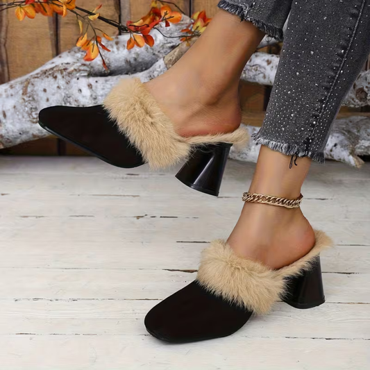 Elegant Mules Heels for Women with Faux Fur Trim Pointed Toe Chain Detail Block Heel Style