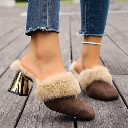 Elegant Mules Heels for Women with Faux Fur Trim Pointed Toe Chain Detail Block Heel Style