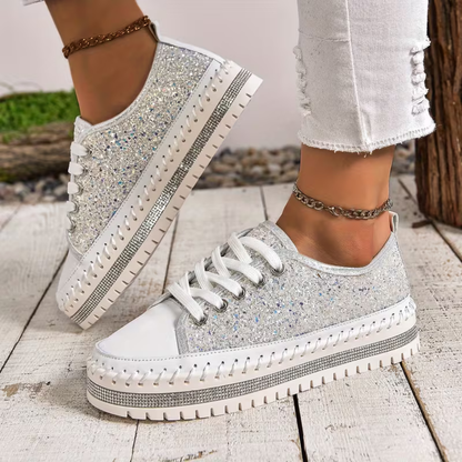 Comfortable Trainers for Women with Glitter Panel Lace Up Platform Sole Low Top Style