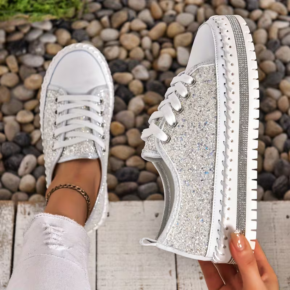 Comfortable Trainers for Women with Glitter Panel Lace Up Platform Sole Low Top Style