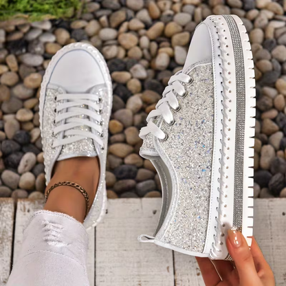 Comfortable Trainers for Women with Glitter Panel Lace Up Platform Sole Low Top Style