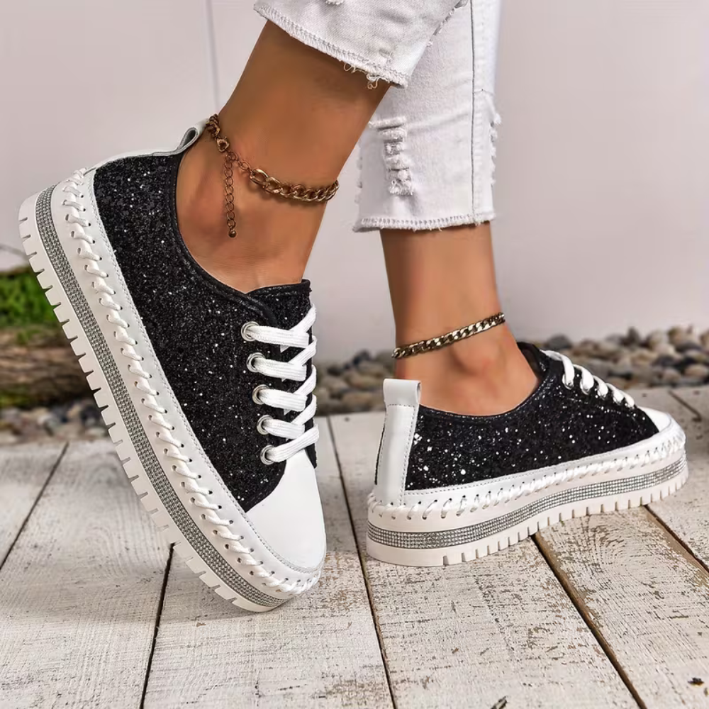 Comfortable Trainers for Women with Glitter Panel Lace Up Platform Sole Low Top Style
