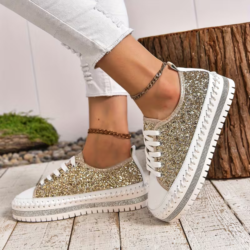 Comfortable Trainers for Women with Glitter Panel Lace Up Platform Sole Low Top Style