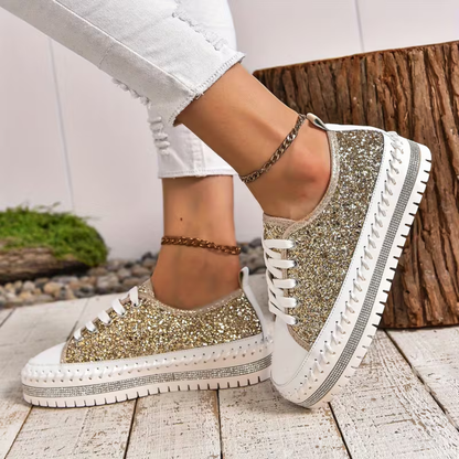 Comfortable Trainers for Women with Glitter Panel Lace Up Platform Sole Low Top Style