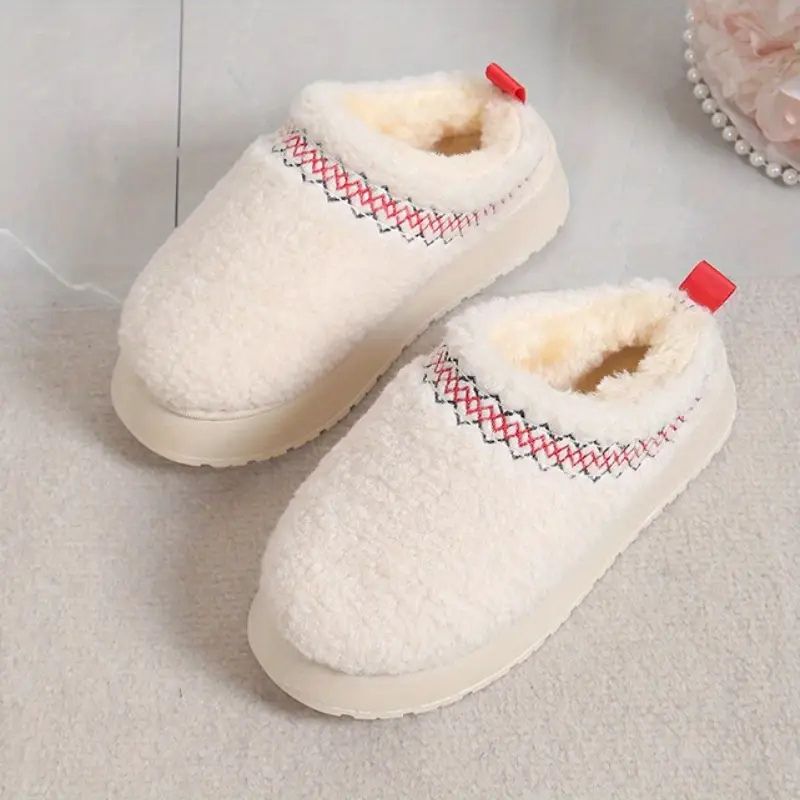 Comfortable Platform Slippers for Women with Teddy Fleece Upper Contrast Trim Slip On House Shoes