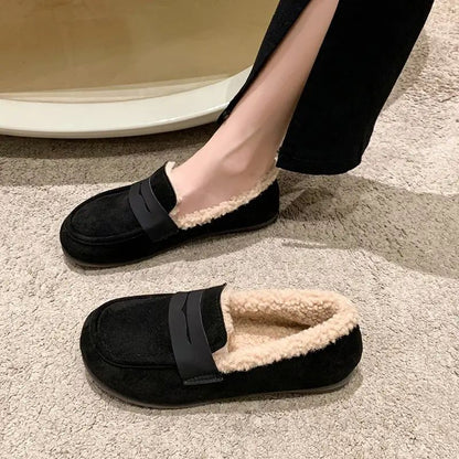 Comfortable House Shoes for Women with Faux Fur Lining Round Toe Suede Loafer Slip On Style