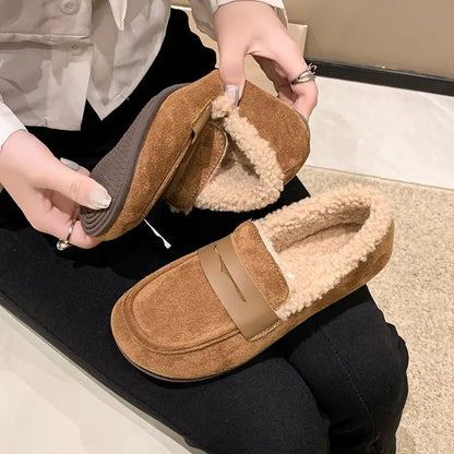 Comfortable House Shoes for Women with Faux Fur Lining Round Toe Suede Loafer Slip On Style
