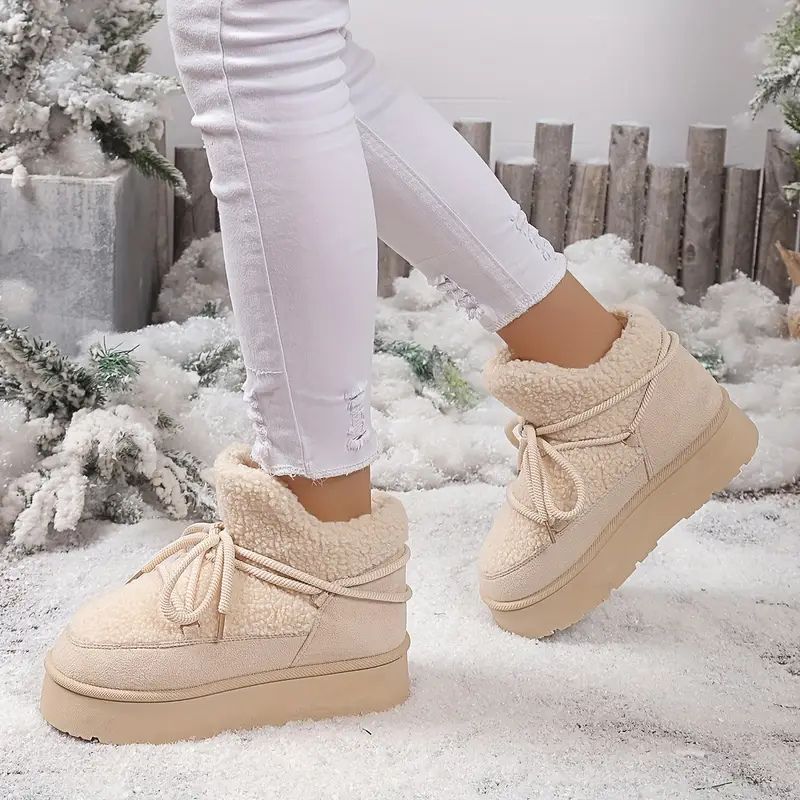 Comfortable Winter Shoes for Women with Faux Fur Lining Lace Up Platform Ankle Boot Style