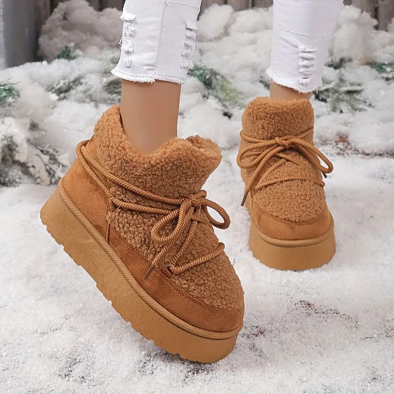 Comfortable Winter Shoes for Women with Faux Fur Lining Lace Up Platform Ankle Boot Style