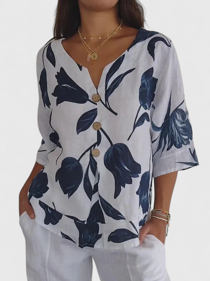 Effortless Floral Linen Blouse for Women with V Neck Elbow Sleeve Button Front Casual Style