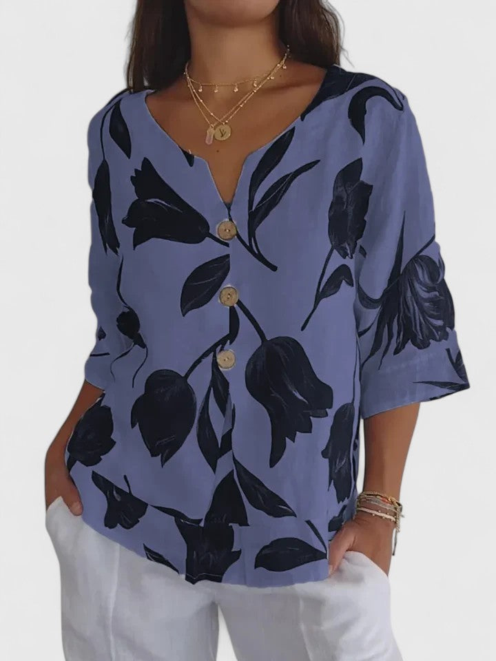 Effortless Floral Linen Blouse for Women with V Neck Elbow Sleeve Button Front Casual Style