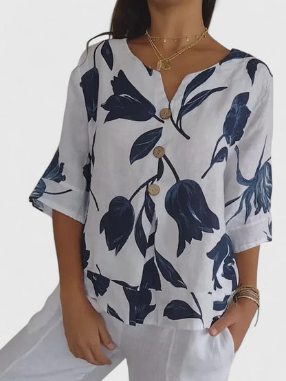 Effortless Floral Linen Blouse for Women with V Neck Elbow Sleeve Button Front Casual Style