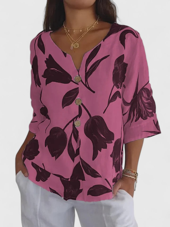 Effortless Floral Linen Blouse for Women with V Neck Elbow Sleeve Button Front Casual Style