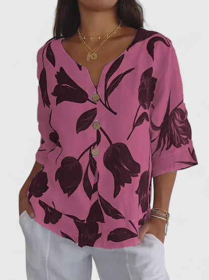 Effortless Floral Linen Blouse for Women with V Neck Elbow Sleeve Button Front Casual Style