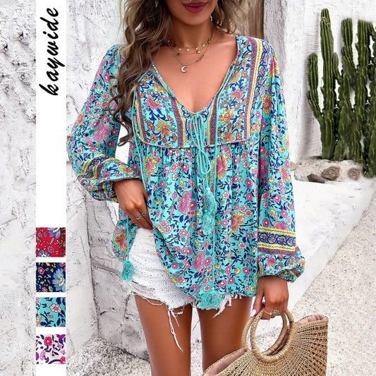 Effortless Floral Blouse for Women with V Neck Balloon Sleeve Tassel Tie Boho Style