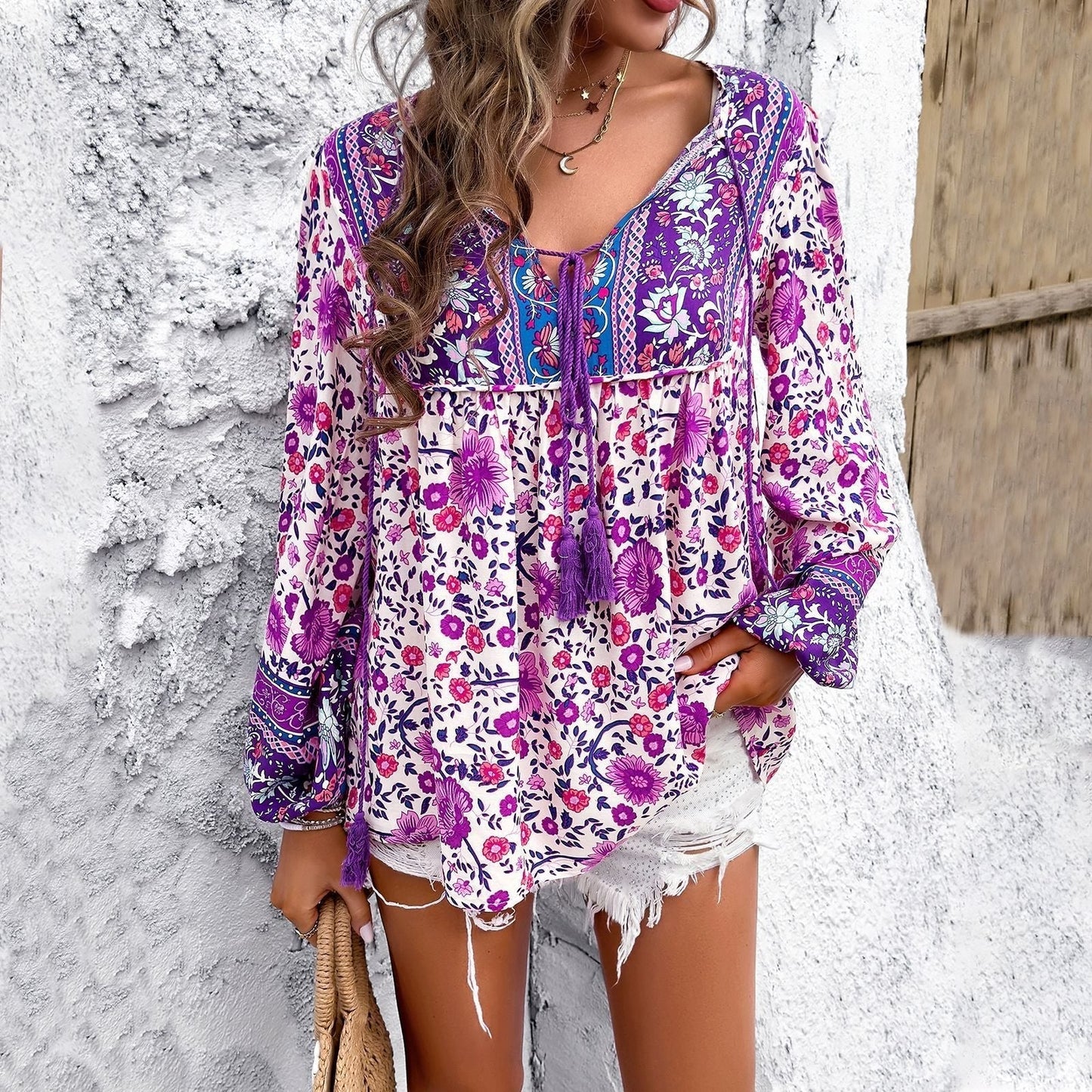 Effortless Floral Blouse for Women with V Neck Balloon Sleeve Tassel Tie Boho Style
