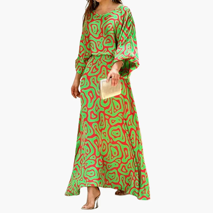 Effortless Abstract Print Maxi Dress for Women with Round Neck Batwing Sleeve Blouson Flowing Bohemian Style