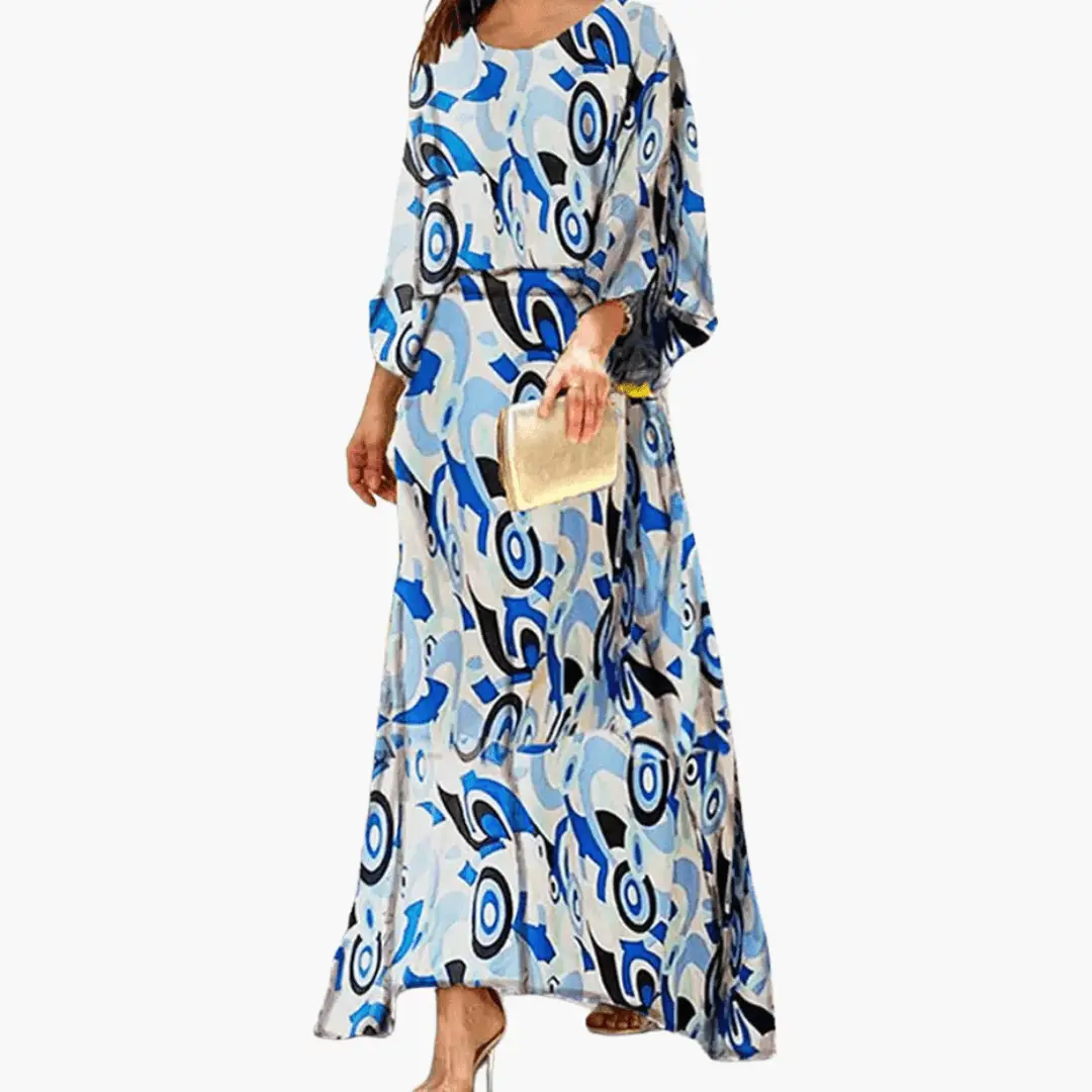 Effortless Abstract Print Maxi Dress for Women with Round Neck Batwing Sleeve Blouson Flowing Bohemian Style