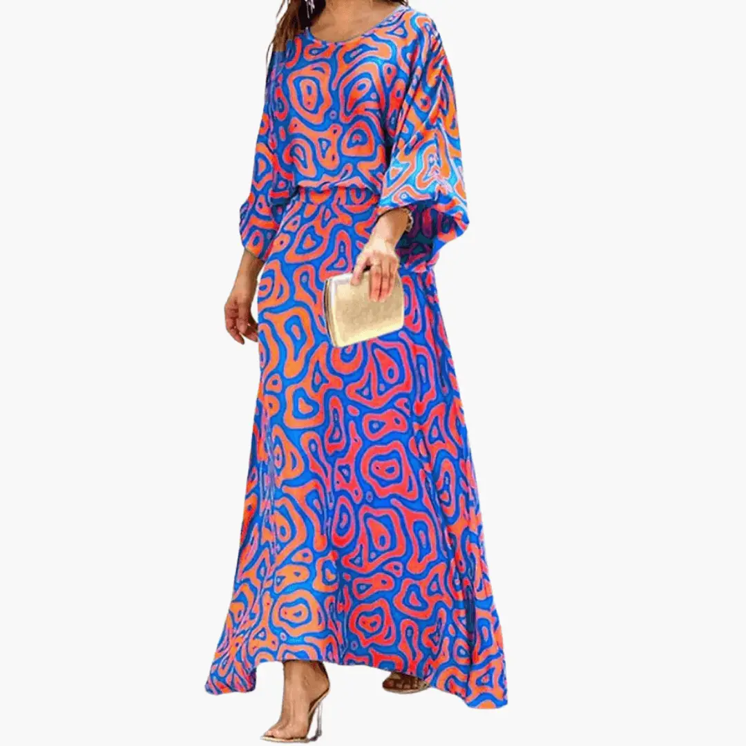 Effortless Abstract Print Maxi Dress for Women with Round Neck Batwing Sleeve Blouson Flowing Bohemian Style