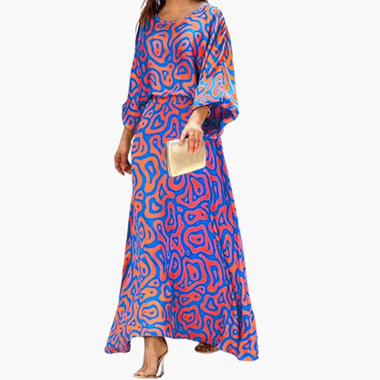 Effortless Abstract Print Maxi Dress for Women with Round Neck Batwing Sleeve Blouson Flowing Bohemian Style