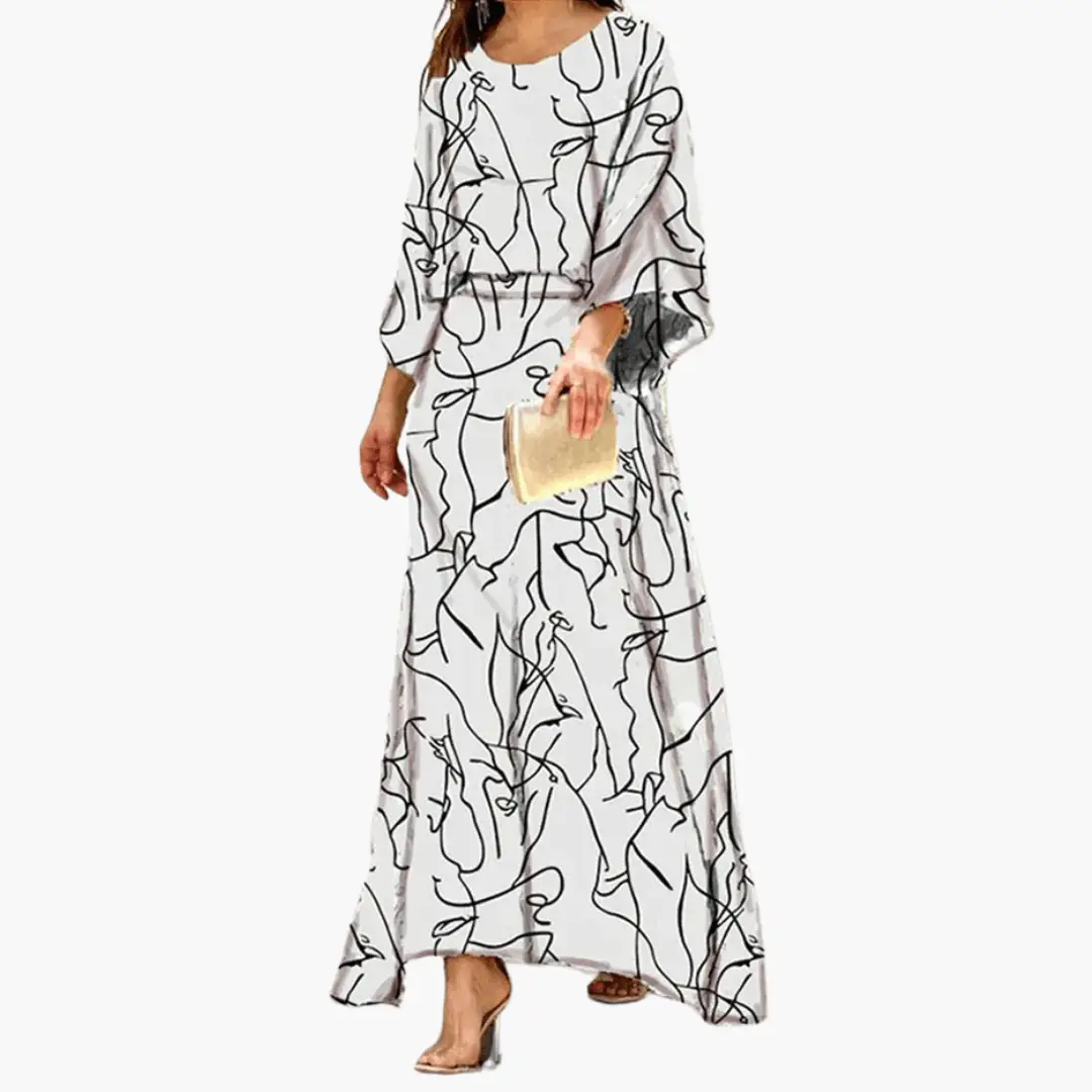 Effortless Abstract Print Maxi Dress for Women with Round Neck Batwing Sleeve Blouson Flowing Bohemian Style