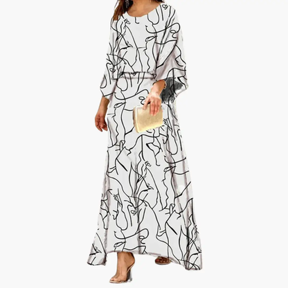 Effortless Abstract Print Maxi Dress for Women with Round Neck Batwing Sleeve Blouson Flowing Bohemian Style